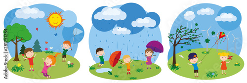 Children play outdoors. Weather. Sunny, rainy, windy. Little girls and boys have fun playing in the rain. Boy launches a kite. Girl is holding a pinwheel.