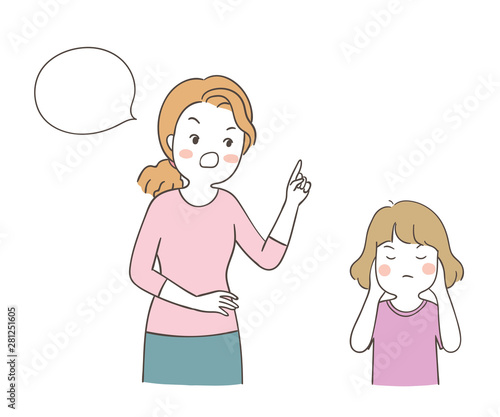 Draw mother scolding angry girl Family concept.