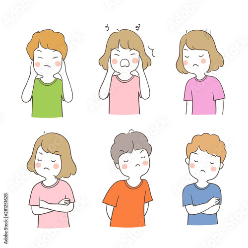 Draw set portrait children boy and girl angry emotion.