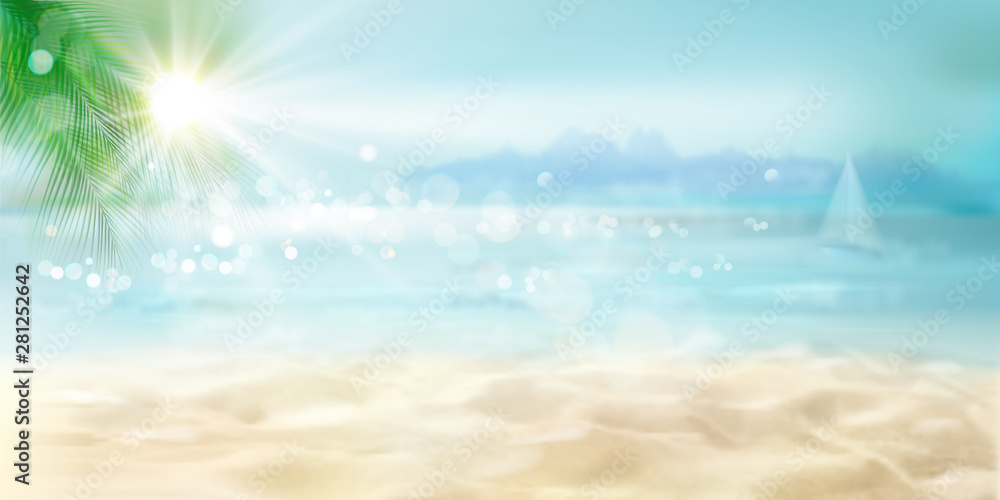Abstract view of the sandy beach. Tropical resort. Sunrise on the seashore. Vector Illustration. 