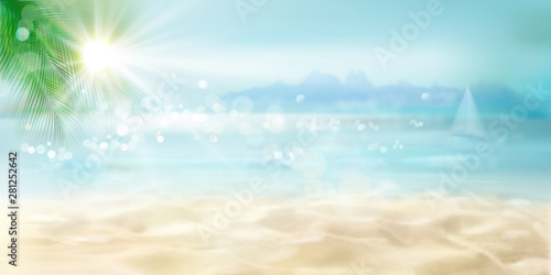 Abstract view of the sandy beach. Tropical resort. Sunrise on the seashore. Vector Illustration. 