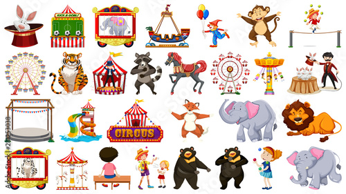 Huge circus collection with mixed animals  people  clowns and rides