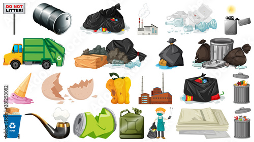 Pollution, litter, rubbish and trash objects isolated