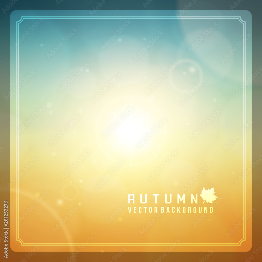 Autumn abstract blurred bokeh and sun light lens flares vector background.
