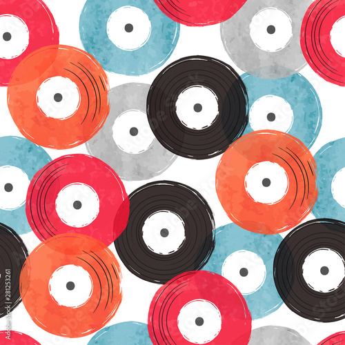 Seamless abstract retro musical pattern with colorful vinyl records.