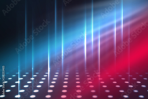 Empty background scene. Dark reflection of the street on the wet asphalt. Rays of blue and red neon light in the dark, neon figures, smoke. Background of empty stage show. Abstract dark background.