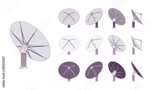 Satellite antenna set. Dish shaped information receiver, home equipment for roof or wall mount to capture tv signal. Vector flat style cartoon illustration isolated, white background, different views