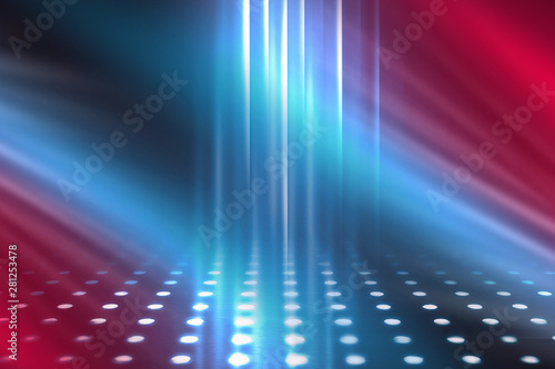 Empty background scene. Dark reflection of the street on the wet asphalt. Rays of blue and red neon light in the dark, neon figures, smoke. Background of empty stage show. Abstract dark background.