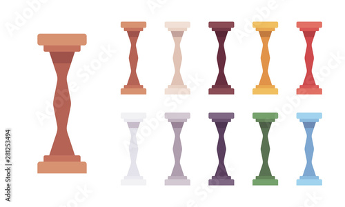 Column baluster set. Spindle, short pillar for decorative design elements, stairway railing, exterior decor. Vector flat style cartoon illustration isolated on white background, different vivid colors