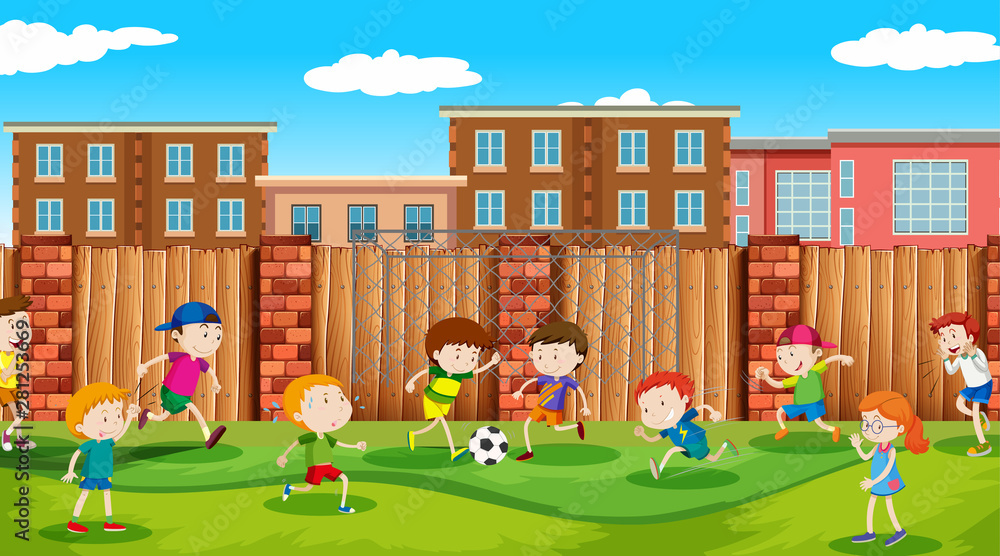 Fototapeta premium Active boys and girls playing sport and fun activities outside