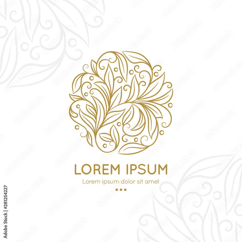 Golden logo with a linear leaf ornament in a circle shape. Can be used as monogram and emblem. Luxury vintage vector template with elegant elements. Great for wallpaper or background decoration.