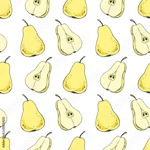 Yellow pears and halves pears. Seamless pattern, hand drawn sketch. Vector illustration.