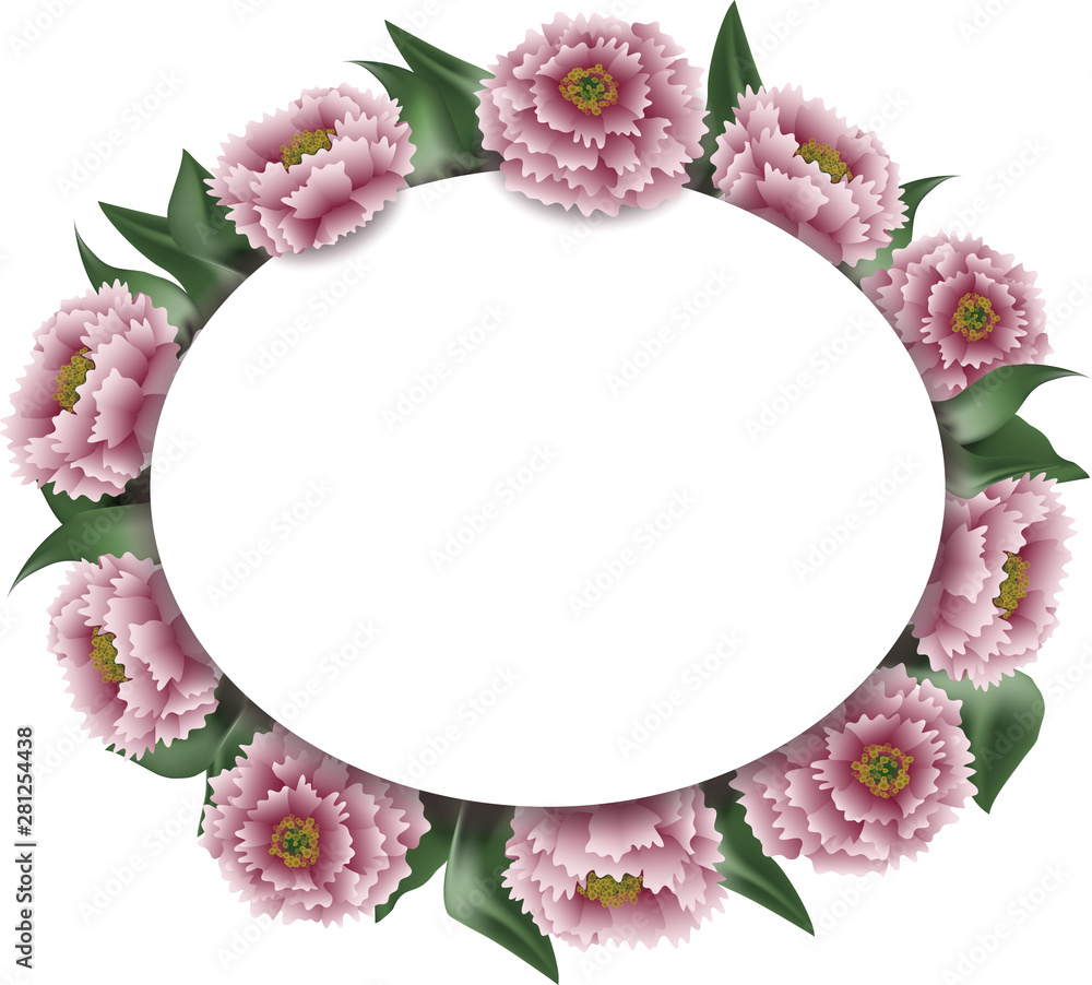 Obraz premium White floral background with pink peonies. Round frame, vector illustration.
