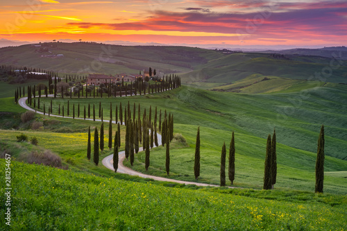 Impressive autumn landscape view with cypresses Tuscany Italy