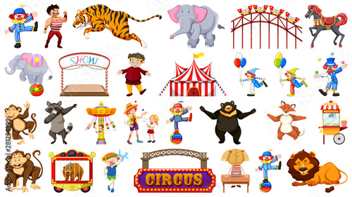 Circus set with animals rides and clowns on isolated background