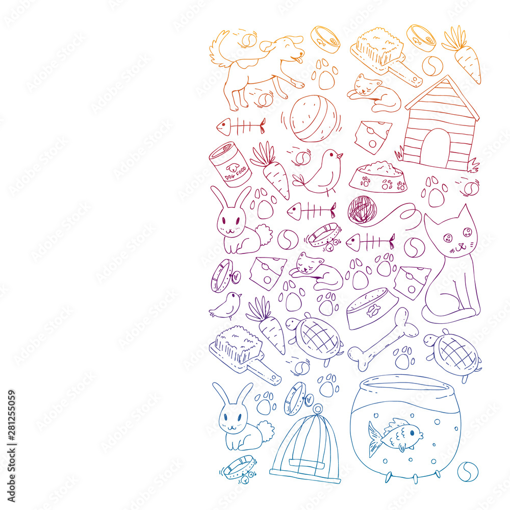 Fototapeta premium Pet shop. Vector illustration with animals, dog, cat, fish, Colorful background with kitten, bird, puppy. Veterinarian clinic.