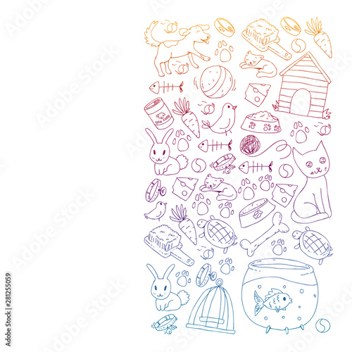 Pet shop. Vector illustration with animals, dog, cat, fish, Colorful background with kitten, bird, puppy. Veterinarian clinic.