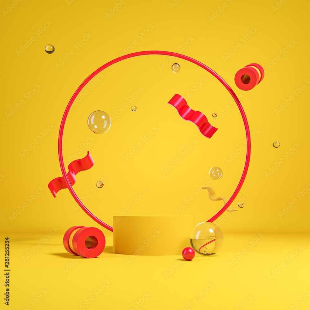 Yellow abstract background made of primitive shapes with cylinder podium in the center.