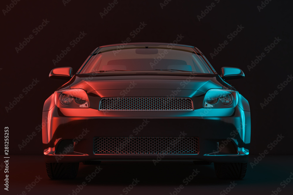 Front view of black sport modern car in studio with red and blue light.