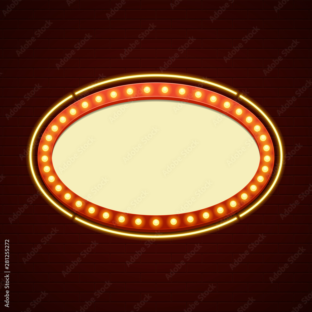 Retro showtime sign design. Cinema signage light bulbs frame and neon lamps on brick wall background.