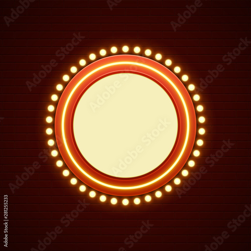 Retro showtime sign design. Cinema signage light bulbs frame and neon lamps on brick wall background.