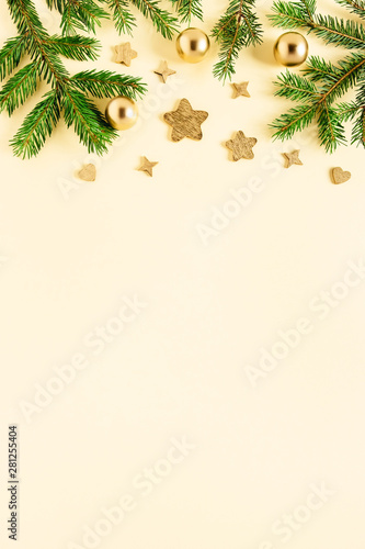 Christmas background with Christmas decorations and gold stars.