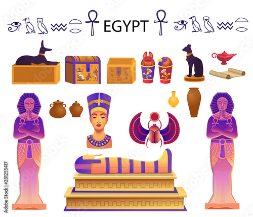 Egypt set in cartoon style with  a sarcophagus, chests, statues of the pharaoh with the ankh, a cat figurine, dog, Nefertiti, columns, scarab and a lamp. 