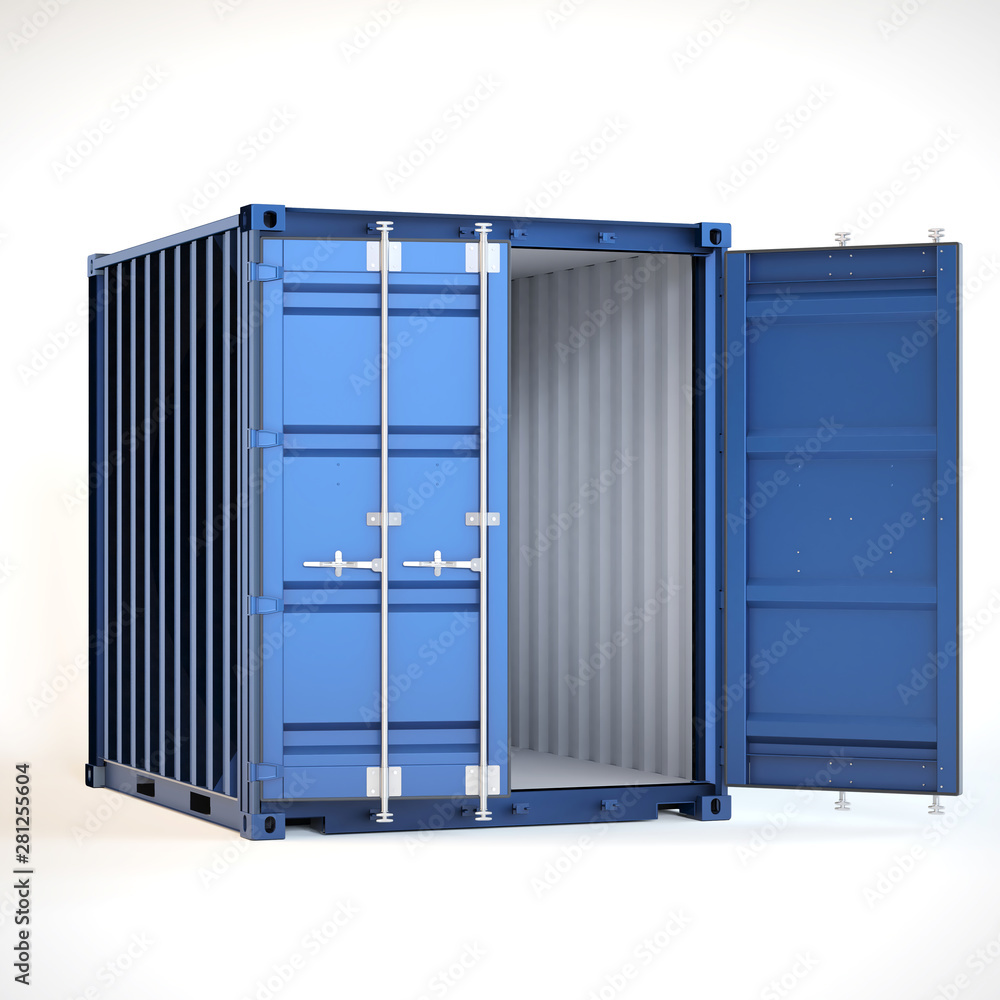 Shipping container with open doors. Global shipping and delivery concept on white background. 3d illustration. Shipping container with open doors. Global shipping and delivery concept on white background. 3d illustration.
