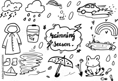 cute doodle art in theme of Raining Season Greeting vector set 