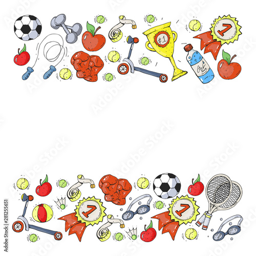 Vector pattern with sport elements. Fitness, games, exercises. Doodle icons in kids drawing style
