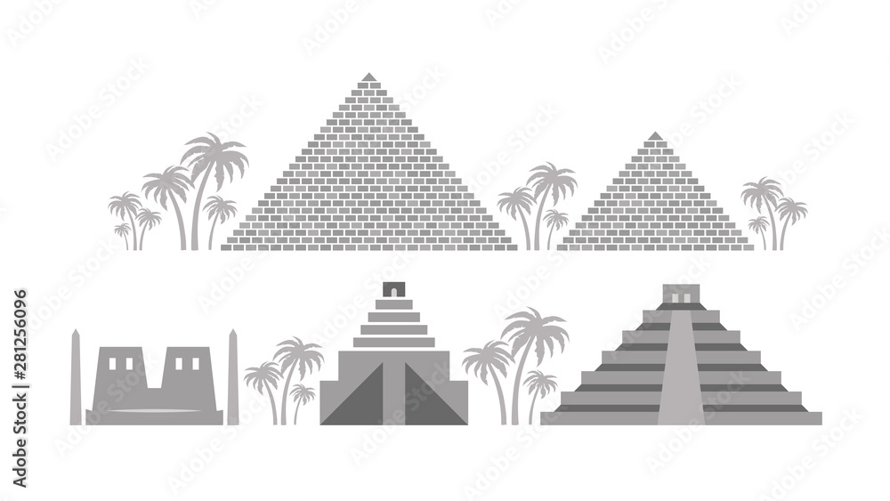 Pyramids and Temples of Ancient Egypt, Babylon, Maya. Architecture heritage of Ancient civilizations of The Middle East, North Africa, Central America. Pyramids and Temples of Ancient Egypt, Babylon, Maya. Architecture heritage of Ancient civilizations of The Middle East, North Africa, Central America.