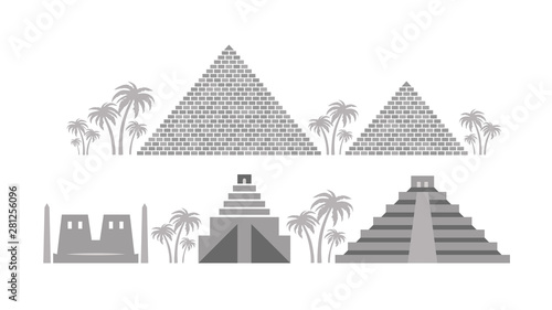 Pyramids and Temples of Ancient Egypt, Babylon, Maya. Architecture heritage of Ancient civilizations of The Middle East, North Africa, Central America.