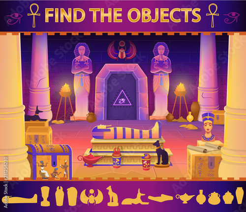 Find the object in the egypt pharaoh tomb: sarcophagus, chests, statues of the pharaoh with the ankh, a cat figurine, dog, Nefertiti, columns and a lamp. Vector cartoon illustration for games.