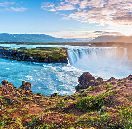 Exciting beautiful landscape with one of the most spectacular waterfalls in Iceland Godafoss on the river Skjalfandafljot. Exotic countries. Amazing places.  Meditation  antistress - concept .