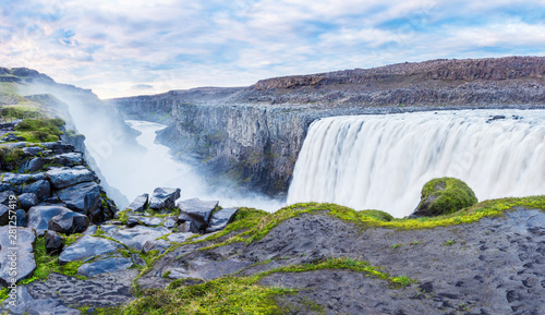 Beautiful landscape panorama with most powerful waterfall in Europe Dettifoss in Vatnajokull National Park in Northeast Iceland. Exotic countries. Amazing places.  Meditation  antistress - concept .