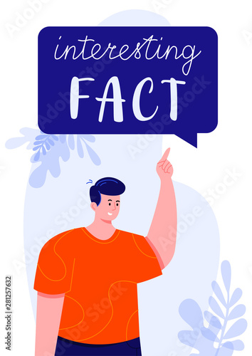 Young man in red T-shirt pointing on a speech bubble with Interesting fact text.