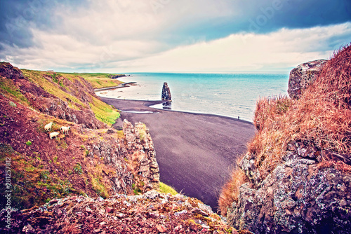 Beautiful dramatic landscape with  extraordinary rock formation Hvitserkur on Vatnsnes peninsula in North-West Iceland. Exotic countries. Amazing places. photo