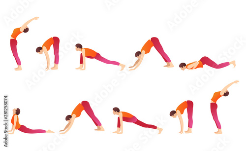 Woman doing yoga. Yoga set in flat style.