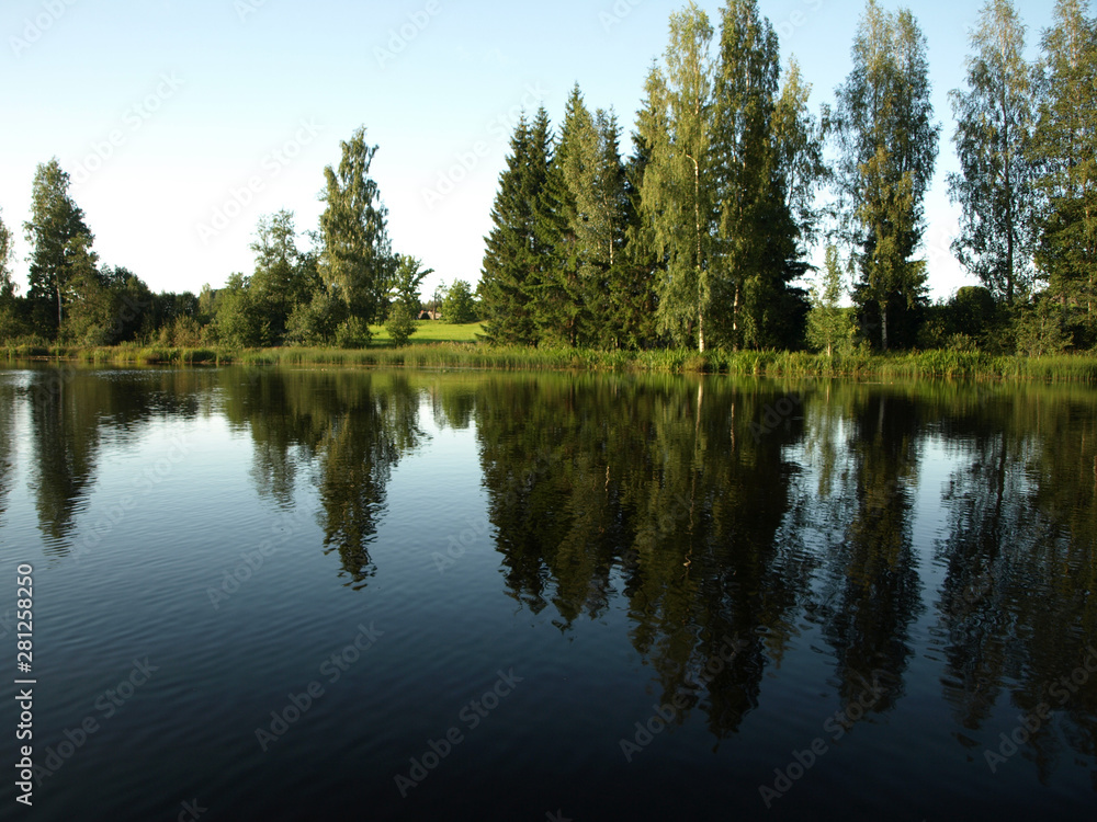 beautiful summer landscape with calm lake, reflections of different trees, blue sky, calm water, Latvia beautiful summer landscape with calm lake, reflections of different trees, blue sky, calm water, Latvia
