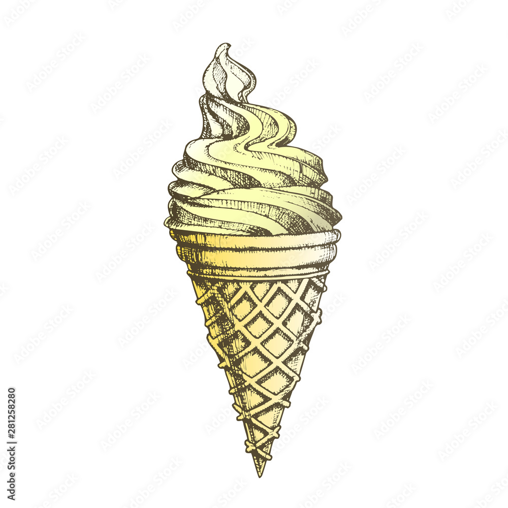Color Ice Cream In Waffle Cornet Snow Cone Ink Vector. Whipped Milk Cold Gelato Sweet Dessert Ice Cream Concept. Refreshing Natural Dairy Tasty Snack Designed Template Illustration