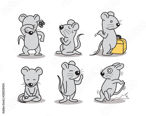 A rat cartoon several action. standing walking seeing scare happy. vector illustration isolated cartoon hand drawn