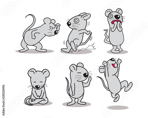 A rat cartoon several action. standing walking seeing scare happy. vector illustration isolated cartoon hand drawn