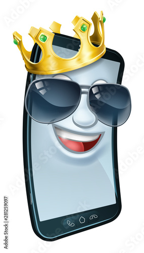 A mobile phone cartoon character mascot wearing a gold king crown and cool shades or sunglasses