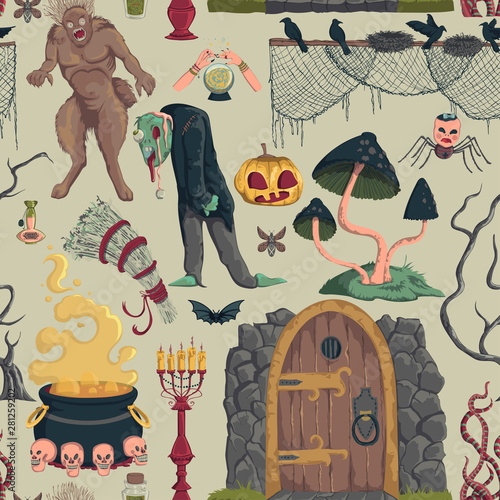 Seamless pattern with creepy characters and decorations. Halloween night party symbols. Design for greeting card, wallpaper, textile, fabric. Vector illustration