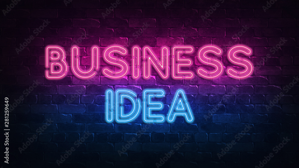 business idea neon sign. purple and blue glow. neon text. Brick wall lit by neon lamps. Night lighting on the wall. 3d illustration. Trendy Design. light banner, bright advertisement