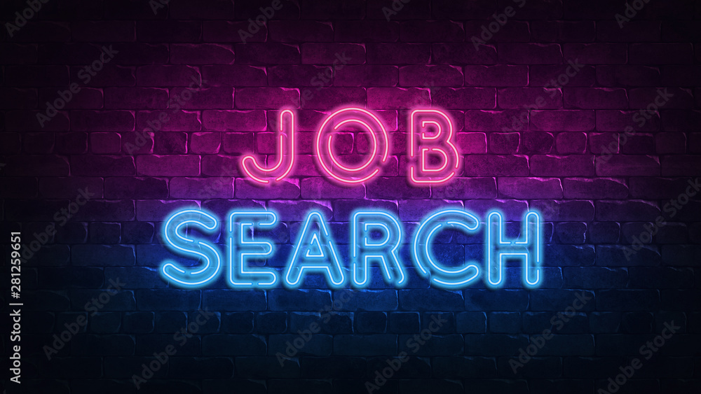 job search neon sign. purple and blue glow. neon text. Brick wall lit by neon lamps. Night lighting on the wall. 3d illustration. Trendy Design. light banner, bright advertisement