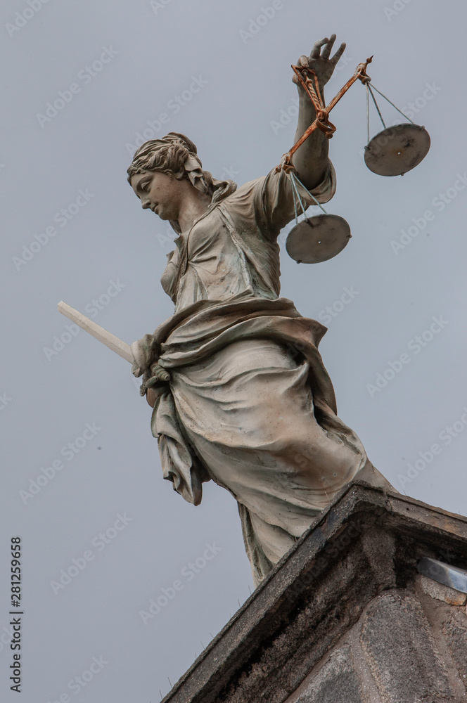 Statue of Lady Justice at Dublin Castle in Dublin, Ireland,Stature of lady with sword holding