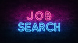 job search neon sign. purple and blue glow. neon text. Brick wall lit by neon lamps. Night lighting on the wall. 3d illustration. Trendy Design. light banner, bright advertisement