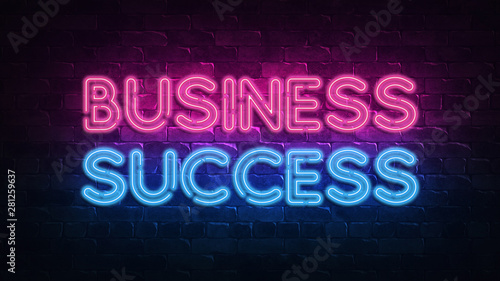 business success neon sign. purple and blue glow. neon text. Brick wall lit by neon lamps. Night lighting on the wall. 3d illustration. Trendy Design. light banner, bright advertisement