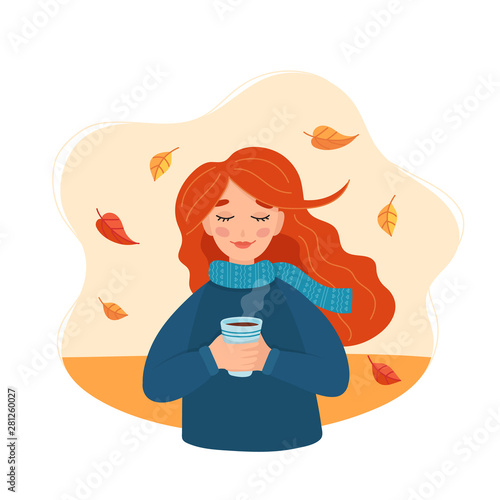 Hello autumn cute girl holding a cup with autumn background and leaves. Vector illustration in flat style